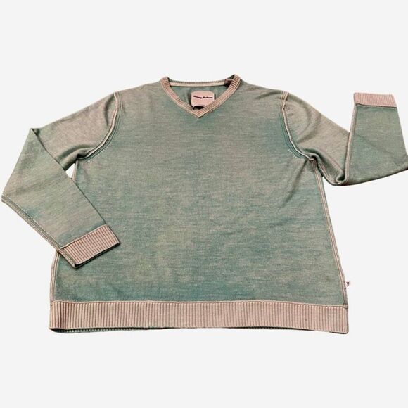 Tommy Bahama 100% Extrafine Merino Wool V Neck Sweater Distressed Aqua Blue Size - Picture 1 of 13
